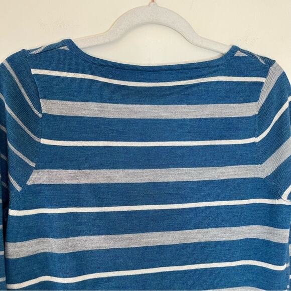 Smartwool Merino Wool Blend V-Neck Split Stripe Relaxed Sweater Blue White - Picture 7 of 8